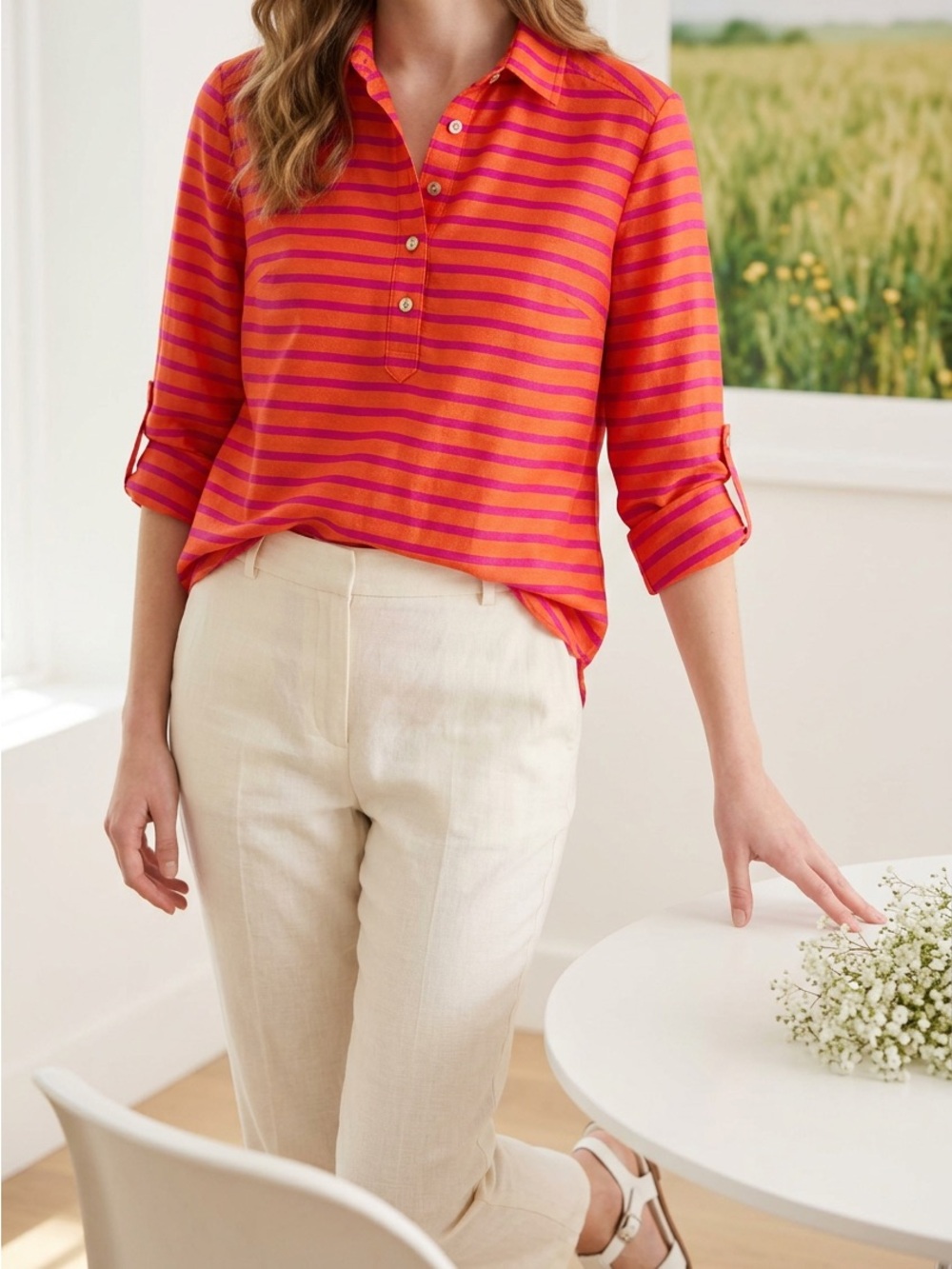 Ann Taylor Pink & Orange Striped half Button-Front Blouse.